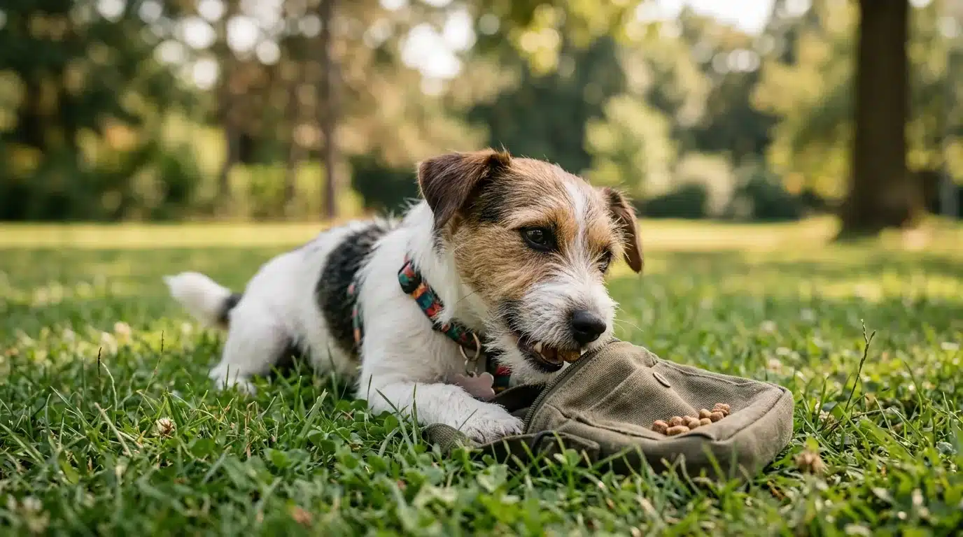 Cachorro comendo um petisco de uma bolsa de treino no gramado
