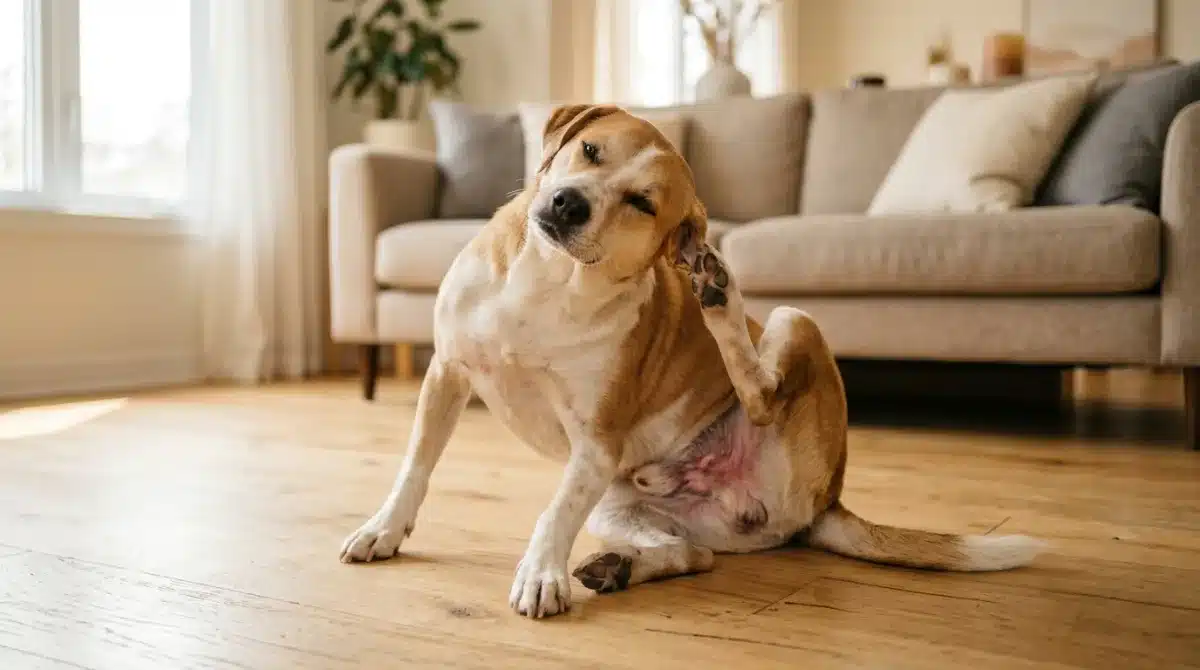 Melhores rações hipoalergênicas para cães: top 10 com preços de 2026 1 Cão se coçando com a pata traseira e pele avermelhada na barriga, sinal de alergia alimentar