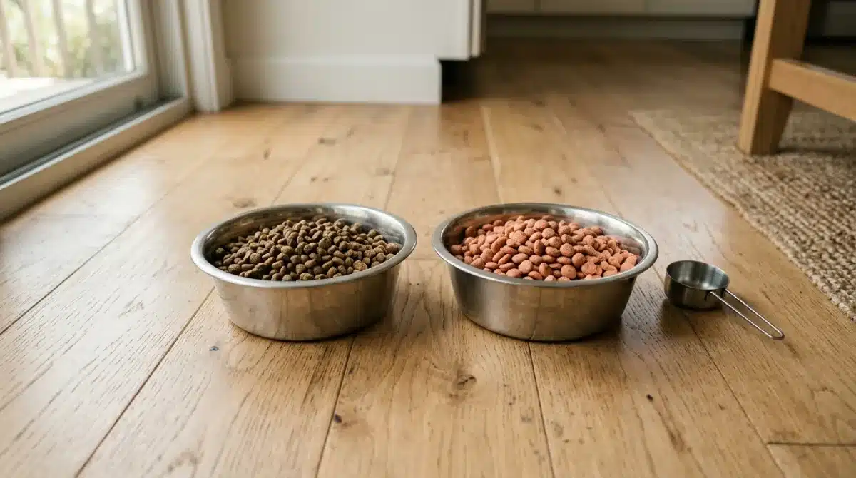 Melhores rações hipoalergênicas para cães: top 10 com preços de 2026 2 Duas tigelas de inox com a ração antiga e a ração nova lado a lado, ilustrando a transição alimentar