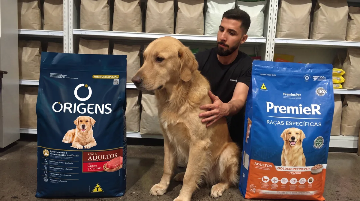Qual a melhor ração Origens ou Premier? A Verdade Absoluta! 1 Golden retriever sentado entre as embalagens da Origens Cães Adultos Carne e Cereais e da PremieR Raças Específicas Golden Retriever Adultos