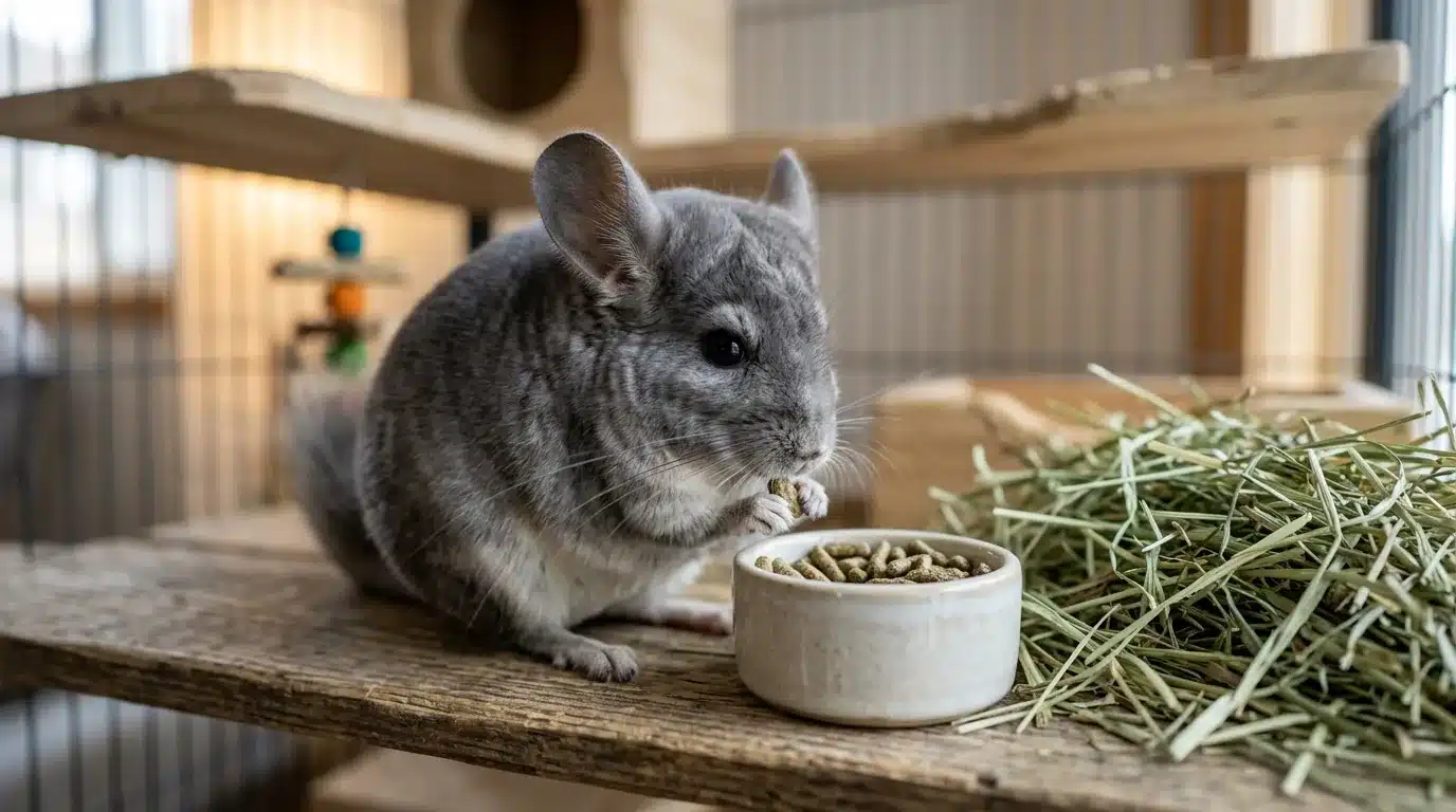 Chinchila cinza comendo ração em pellets num pote de cerâmica sobre prateleira de madeira