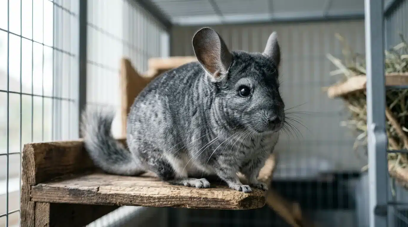 Ração para chinchila: como escolher a melhor, quanto oferecer por dia e por que o feno vem sempre em primeiro lugar 2 Chinchila cinza saudável e alerta sentada numa prateleira de madeira dentro da gaiola