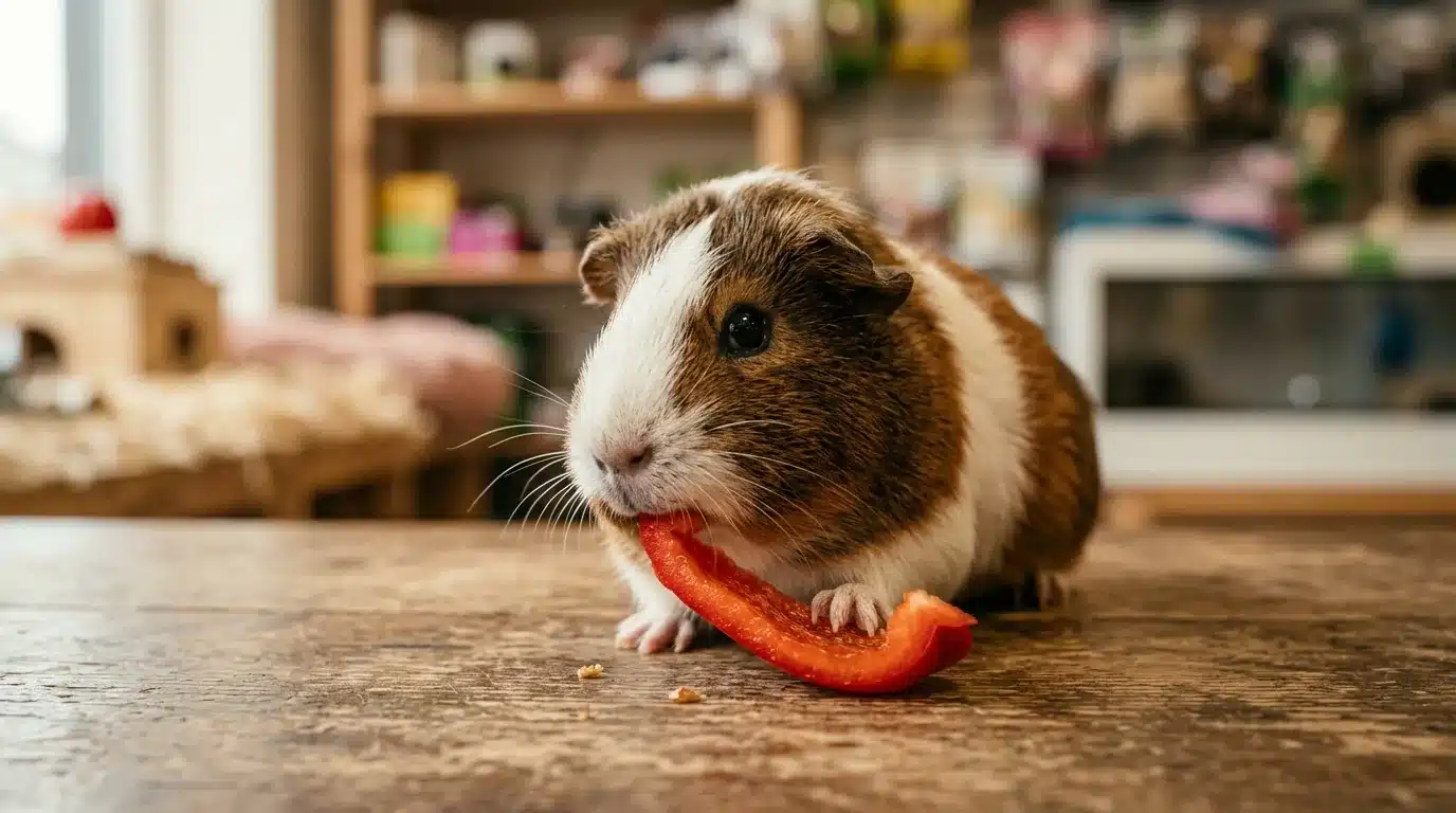 Ração para roedores: o guia completo de alimentação para hamster, porquinho-da-índia e chinchila sem errar na dieta 2 Porquinho-da-índia comendo pimentão vermelho, fonte natural de vitamina C