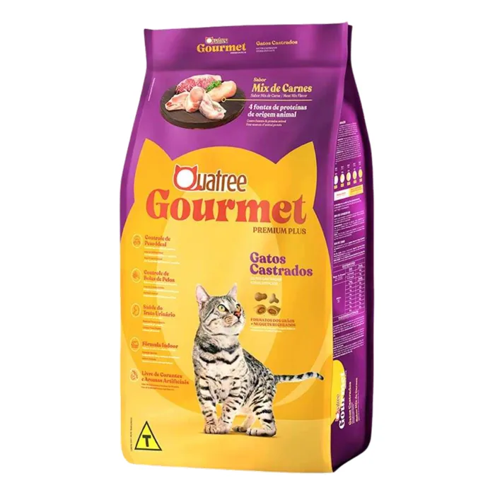 Qual a melhor ração Quatree para gatos? Supreme, Life, Select e Gourmet comparadas no filhote, adulto, castrado e sênior pela ficha oficial 3 Embalagem da ração Quatree Gourmet para gatos castrados sabor mix de carnes, linha premium plus