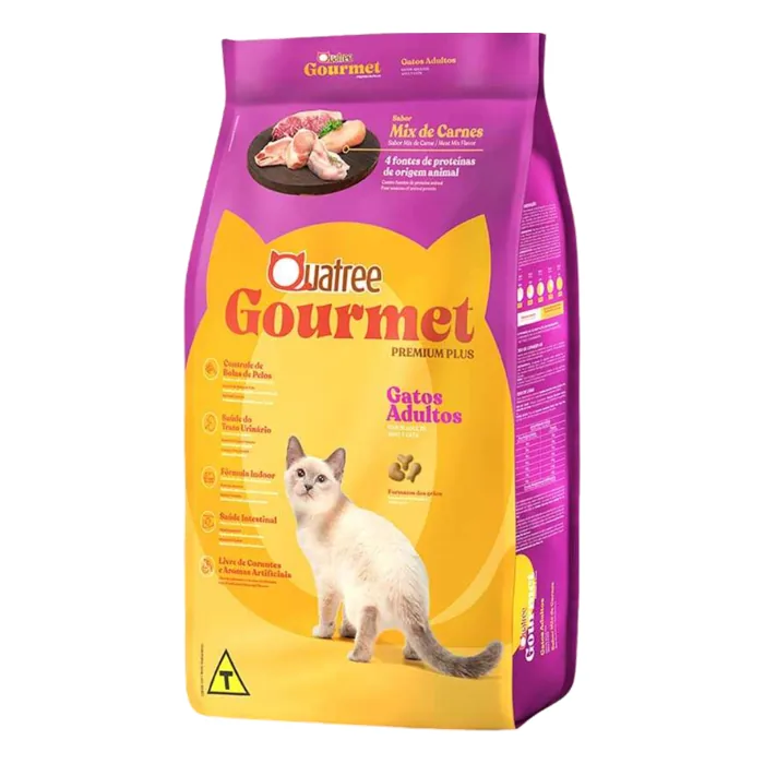 Ração Quatree é boa? Supreme, Life, Select e Gourmet analisadas pela ficha oficial: proteína, transgênicos e para quem cada uma serve 3 Embalagem da ração Quatree Gourmet para gatos adultos sabor mix de carnes, linha premium plus