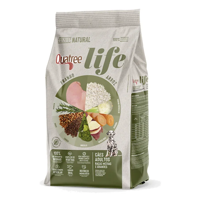 Ração Quatree é boa? Supreme, Life, Select e Gourmet analisadas pela ficha oficial: proteína, transgênicos e para quem cada uma serve 2 Embalagem da ração Quatree Life para cães adultos de raças médias e grandes, sabor frango e arroz, linha premium especial natural