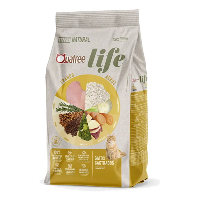 Qual a melhor ração Quatree para gatos? Supreme, Life, Select e Gourmet comparadas no filhote, adulto, castrado e sênior pela ficha oficial 1 Embalagem da ração Quatree Life para gatos castrados sabor frango e arroz, linha premium especial natural