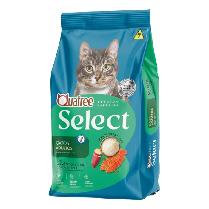 Qual a melhor ração Quatree para gatos? Supreme, Life, Select e Gourmet comparadas no filhote, adulto, castrado e sênior pela ficha oficial 2 Embalagem da ração Quatree Select para gatos adultos sabor salmão com arroz e batata-doce, linha premium especial