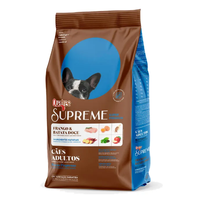Qual a melhor ração natural para cães? Sete marcas comparadas por proteína, custo por caloria e o que o rótulo chama de natural 2 Embalagem da ração Quatree Supreme para cães adultos sabor frango e batata-doce, linha super premium