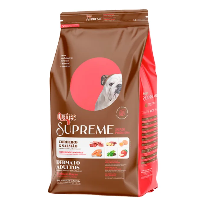 Ração Quatree é boa? Supreme, Life, Select e Gourmet analisadas pela ficha oficial: proteína, transgênicos e para quem cada uma serve 5 Embalagem da ração Quatree Supreme Dermato para cães adultos sabor cordeiro e salmão