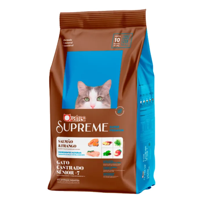Ração Quatree Supreme gatos é boa? Análise das versões adulto, castrado, filhote e sênior pela ficha oficial, com preço e para quem serve 3 Embalagem da ração Quatree Supreme para gato castrado sênior 7+ sabor salmão e frango