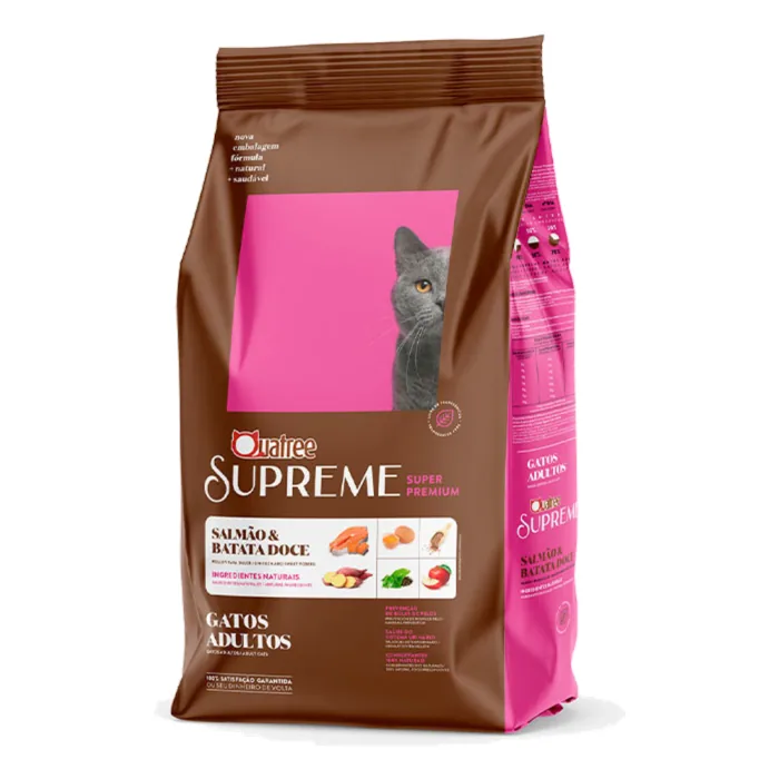 Ração Quatree Supreme gatos é boa? Análise das versões adulto, castrado, filhote e sênior pela ficha oficial, com preço e para quem serve 2 Embalagem da ração Quatree Supreme para gatos adultos sabor salmão, linha super premium