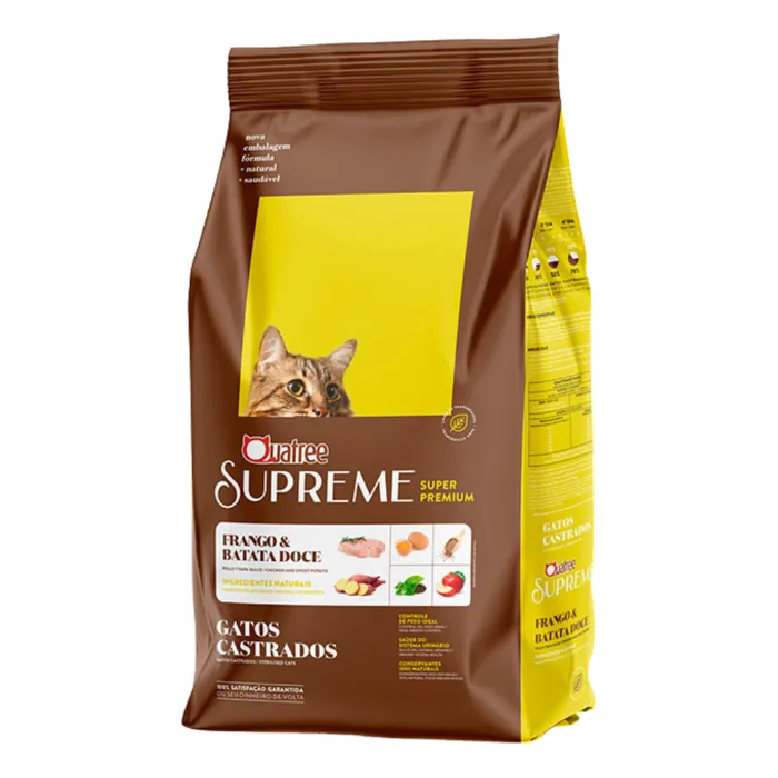 Ração Quatree Supreme gatos é boa? Análise das versões adulto, castrado, filhote e sênior pela ficha oficial, com preço e para quem serve 1 Embalagem da ração Quatree Supreme para gatos castrados sabor frango, linha super premium