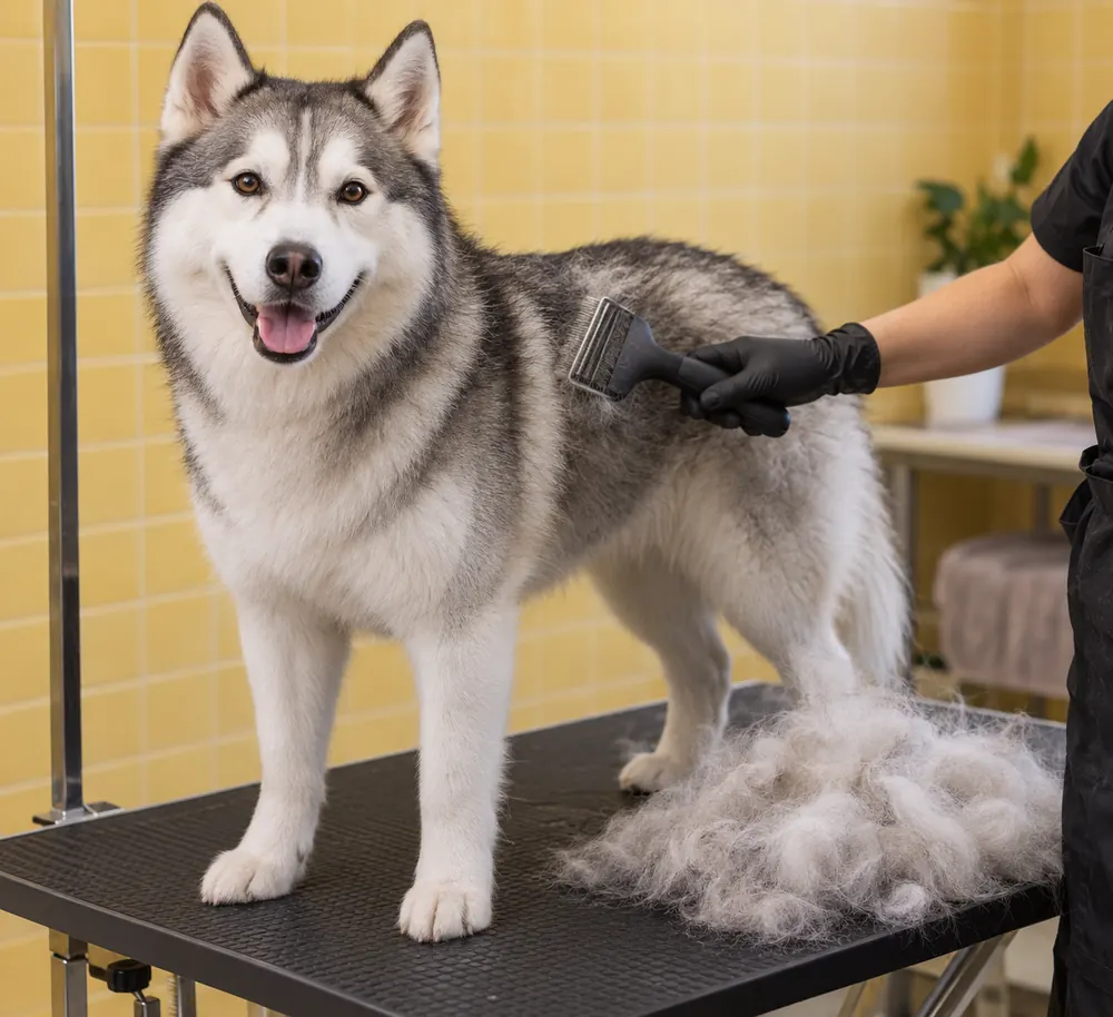 Pode dar banho em cachorro todo dia? De quanto em quanto tempo dar banho, o que muda no frio e quando o banho frequente vira tratamento 2 Profissional fazendo remoção de subpelo em um husky com escova própria