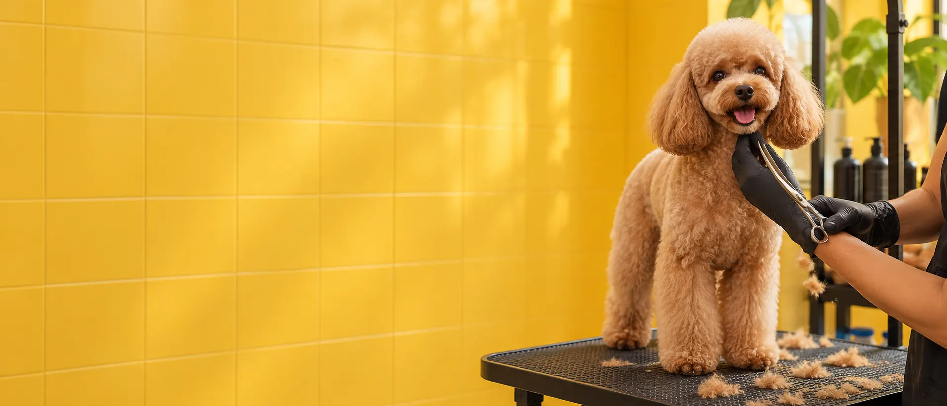 Tosadora fazendo tosa na tesoura em um poodle na mesa de tosa, em pet shop de Salvador