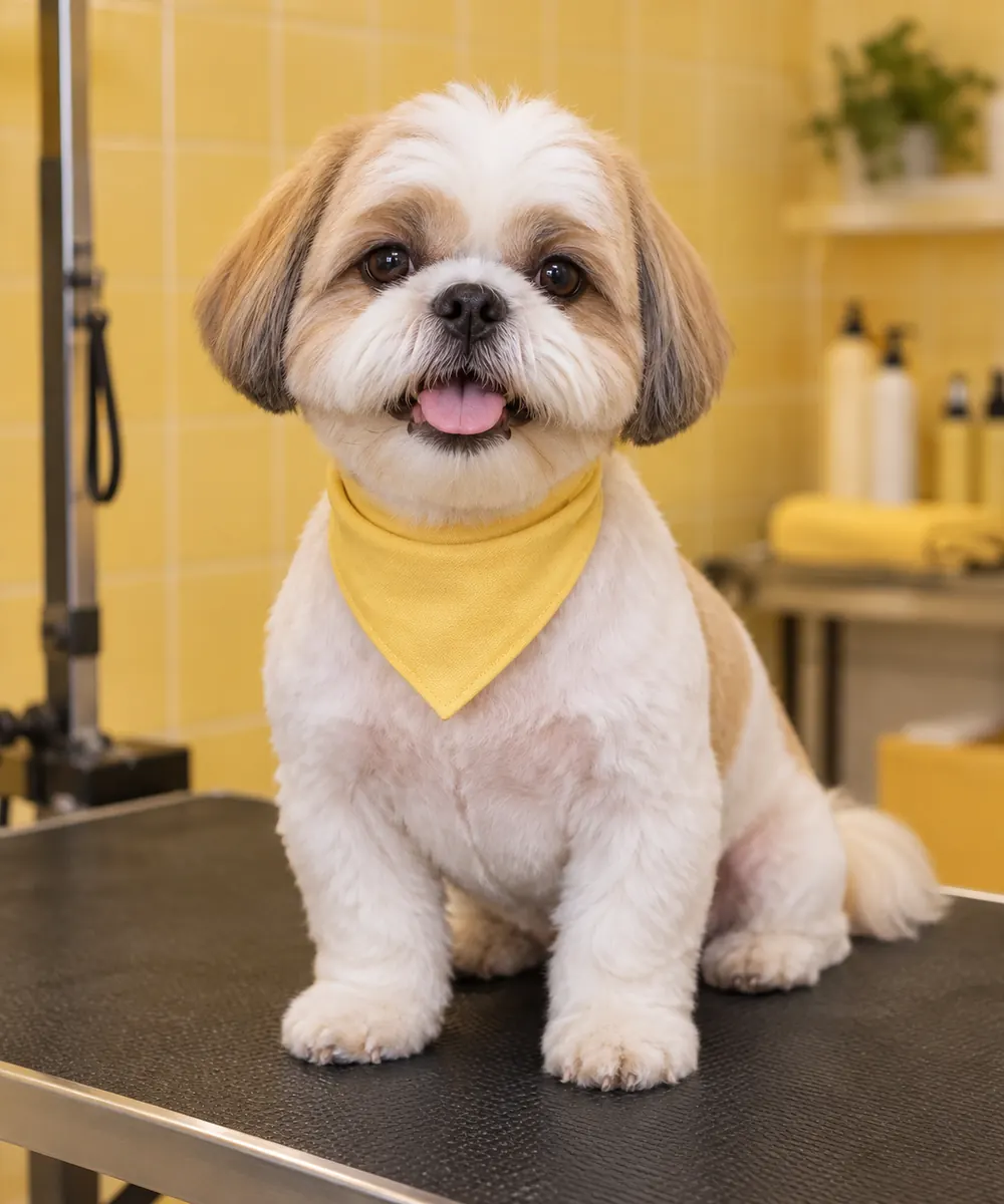 Ferramentas gratuitas para o seu pet 64 Shih tzu com tosa bebê, pelo curto e rosto arredondado, na mesa de tosa