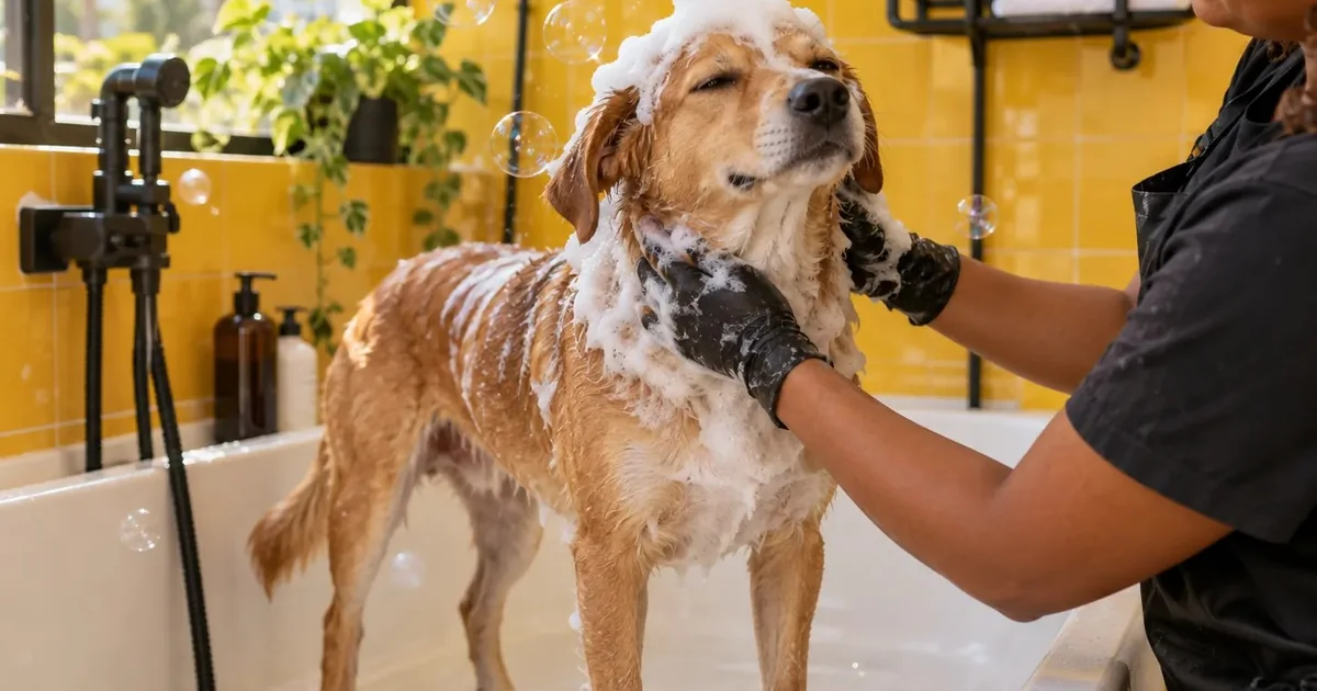 Cachorro caramelo com espuma na cabeça durante o banho em um pet shop de Salvador