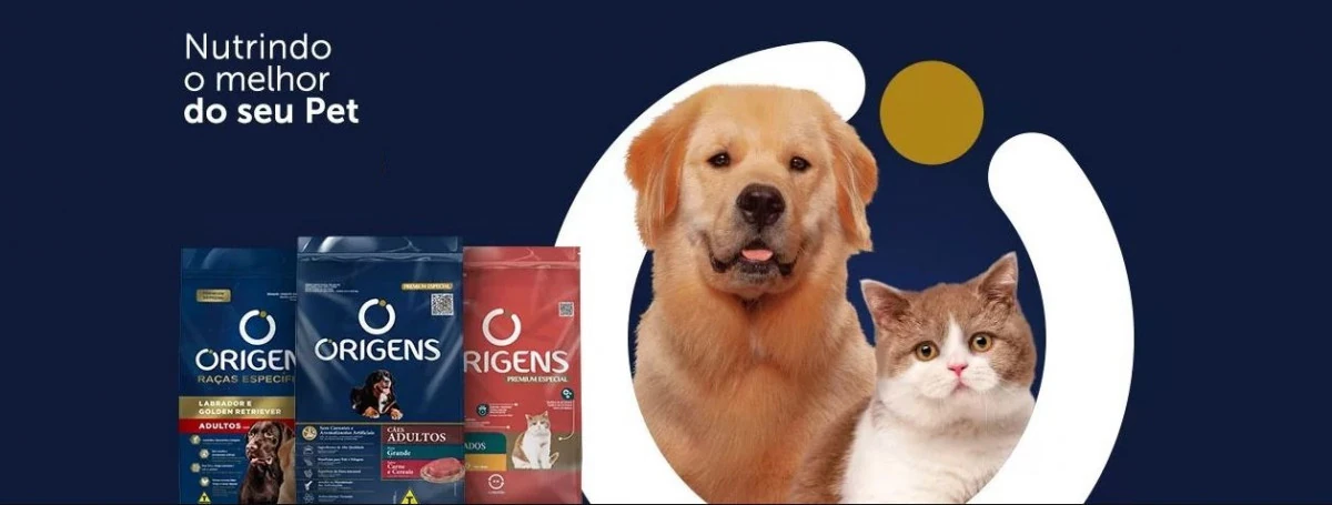banner ração origens para cães e gatos, representando se a ração origens é boa.