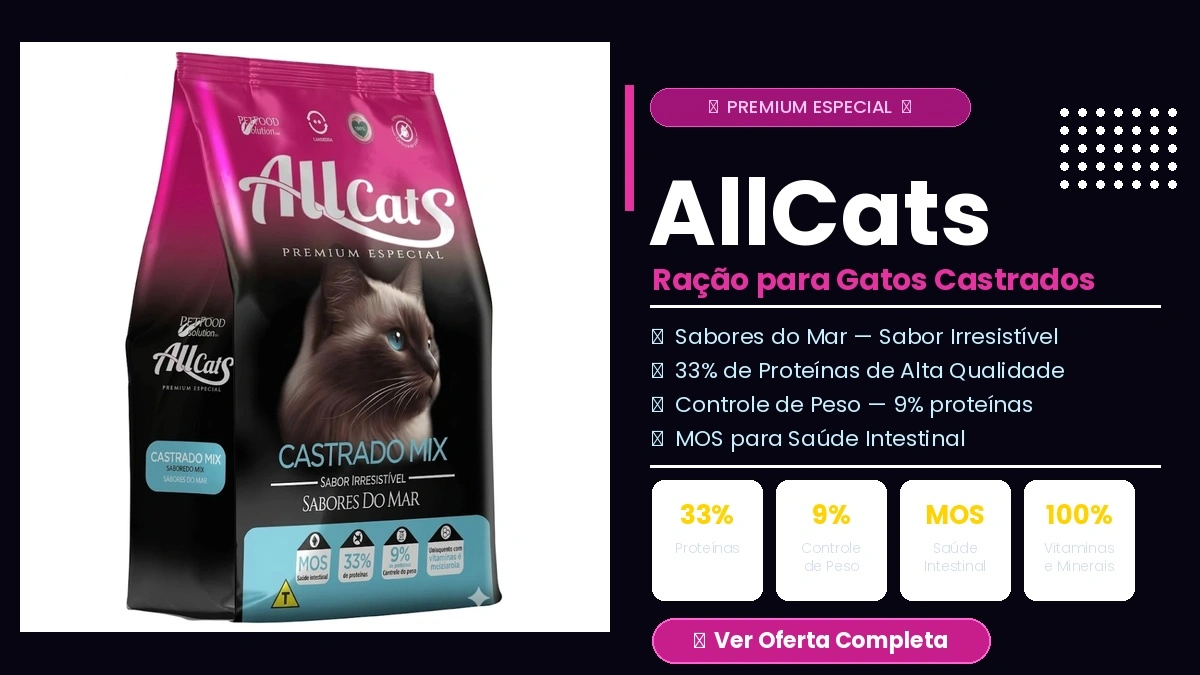 Imagem destacada para blog sobre a Ração Allcats Castrado Mix Sabores do Mar. Layout de fundo escuro com a foto do produto e texto chamativo para análise nutricional de felinos castrados.