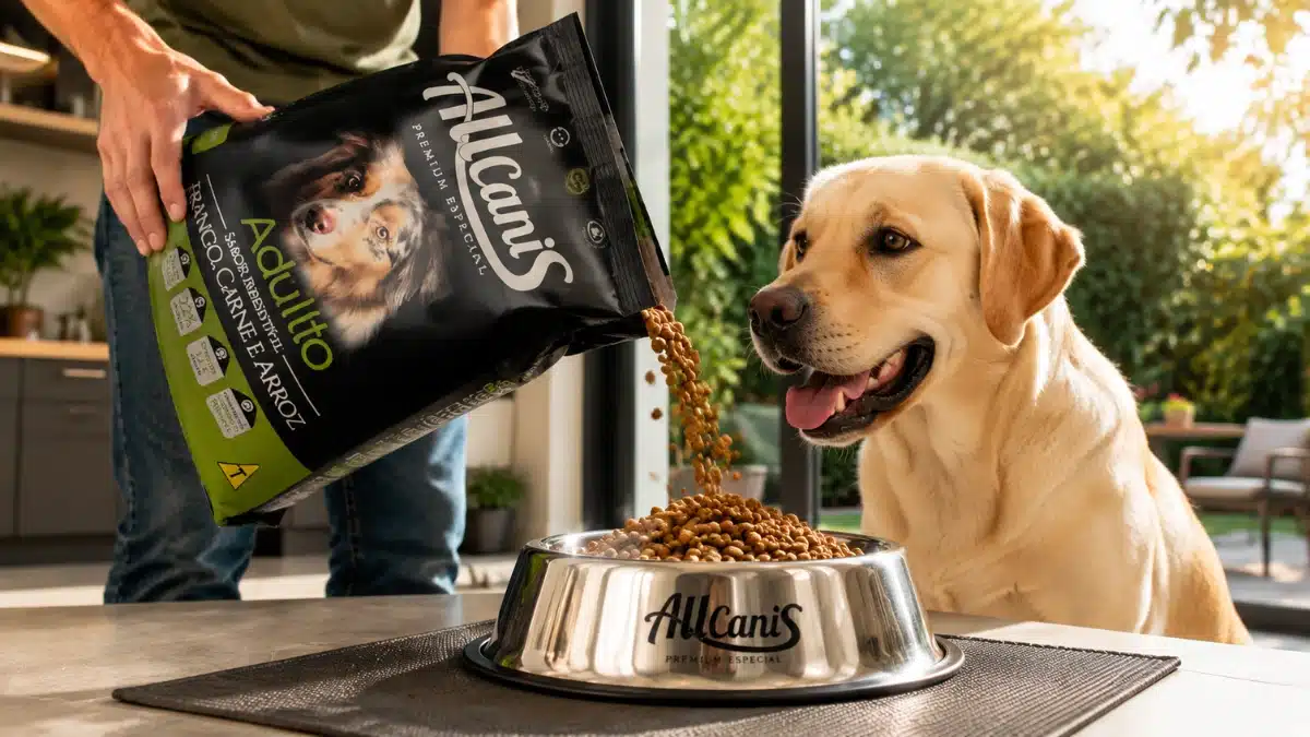 Tutor despejando grãos da Ração Allcanis Raças Médias e Grandes em um comedouro limpo de inox para um cão da raça Labrador representando a palavra-cheve troca de ração do cachorro.