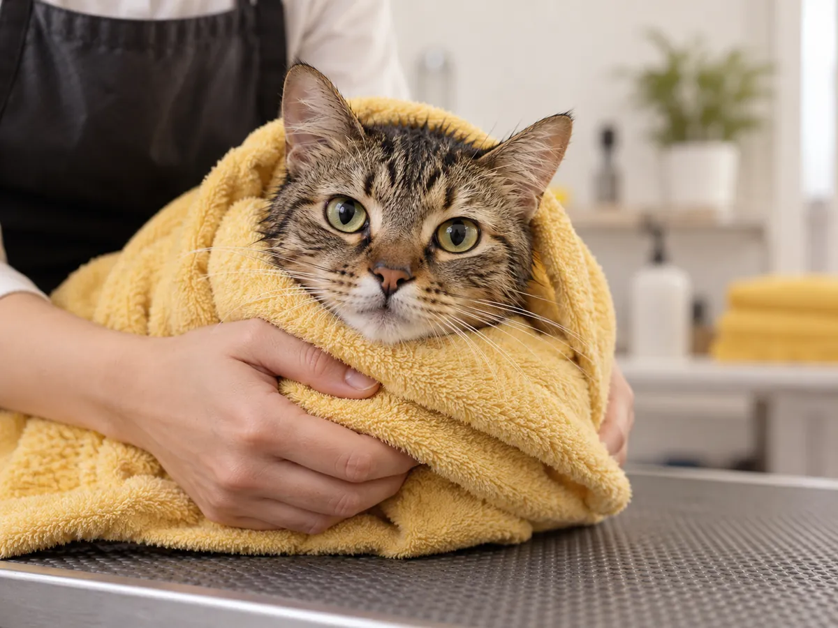 Gato tranquilo enrolado em toalha amarela depois do banho no pet shop