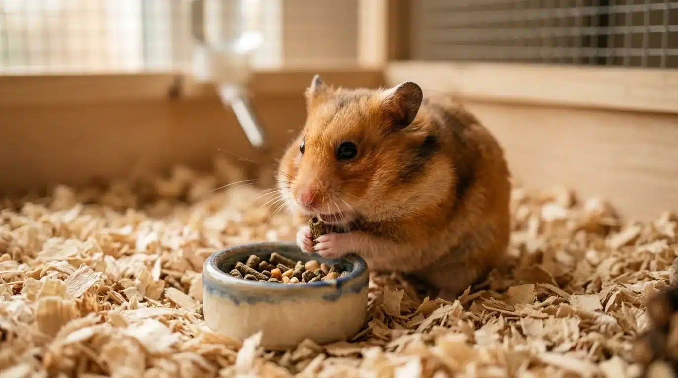Hamster dourado com bochechas cheias comendo ração num potinho dentro da gaiola
