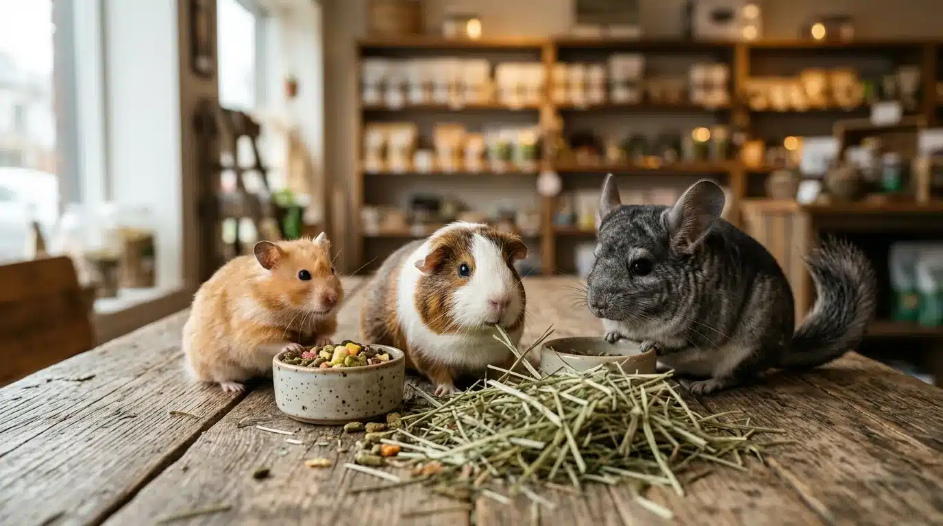 Hamster, porquinho-da-índia e chinchila juntos comendo ração e feno numa mesa de pet shop