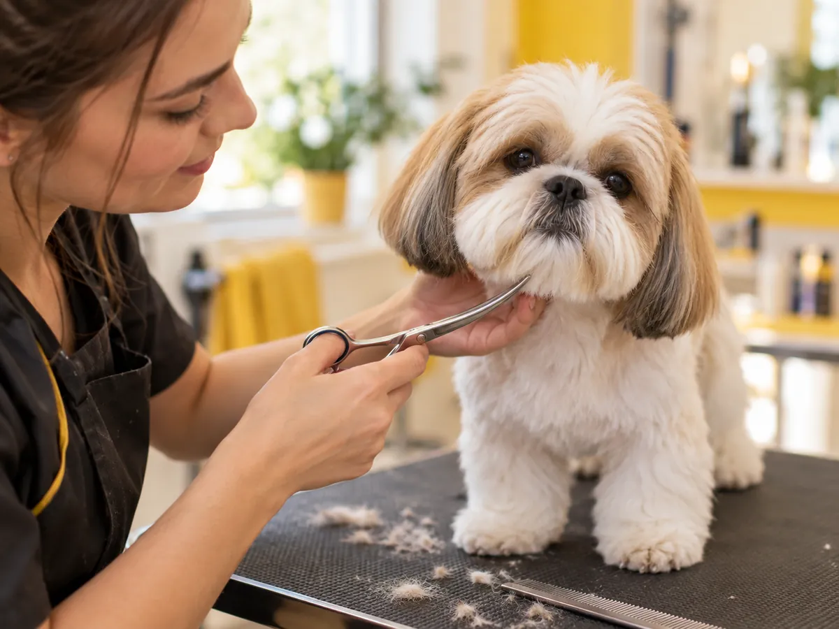 Tosadora aparando o pelo de um shih tzu com tesoura na mesa de tosa